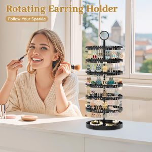 MODOWEY 6 Tier Rotating Earring Holder Organizer Display Tree with Metal Tray, Adjustable Plastic Stand with 342 Slots for Stud Hoop Hanger, Large Capacity Storage Rack - 2