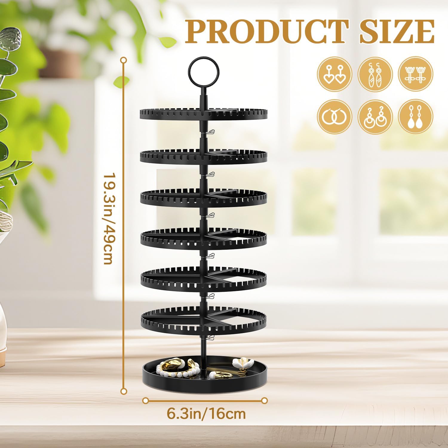MODOWEY 6 Tier Rotating Earring Holder Organizer Display Tree with Metal Tray, Adjustable Plastic Stand with 342 Slots for Stud Hoop Hanger, Large Capacity Storage Rack - 3