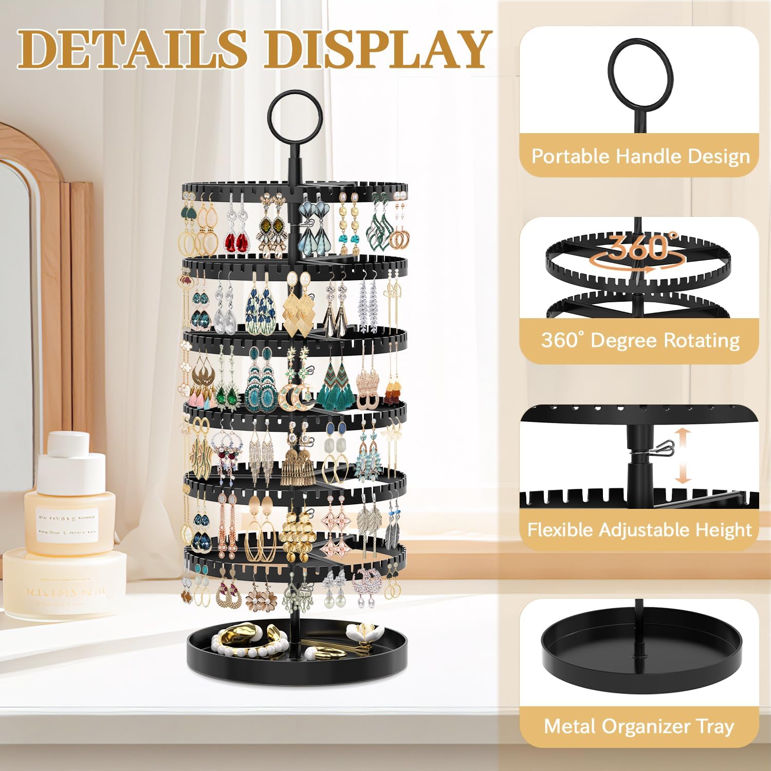 MODOWEY 6 Tier Rotating Earring Holder Organizer Display Tree with Metal Tray, Adjustable Plastic Stand with 342 Slots for Stud Hoop Hanger, Large Capacity Storage Rack - 4