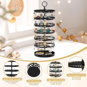 MODOWEY 6 Tier Rotating Earring Holder Organizer Display Tree with Metal Tray, Adjustable Plastic Stand with 342 Slots for Stud Hoop Hanger, Large Capacity Storage Rack - 5