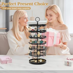MODOWEY 6 Tier Rotating Earring Holder Organizer Display Tree with Metal Tray, Adjustable Plastic Stand with 342 Slots for Stud Hoop Hanger, Large Capacity Storage Rack - 6