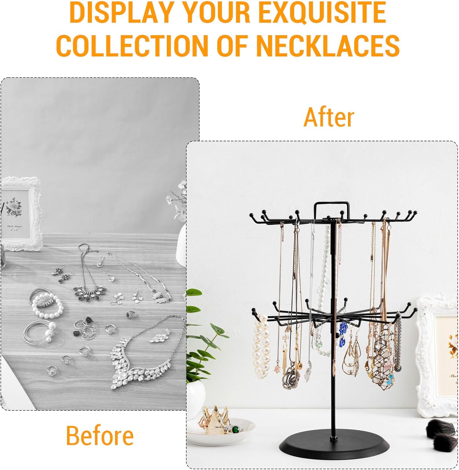 MyGift 2 Tier Black Metal Rotating Necklace tree stand for vendor & bracelet holder Jewelry Stand with 24 Hooks, Multipurpose Accessory and Keychain Spinning Display with Top Handle Card organizer - Image 6