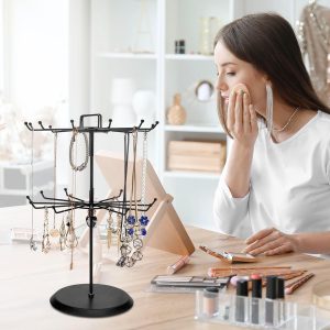 MyGift 2 Tier Black Metal Rotating Necklace tree stand for vendor & bracelet holder Jewelry Stand with 24 Hooks, Multipurpose Accessory and Keychain Spinning Display - 3