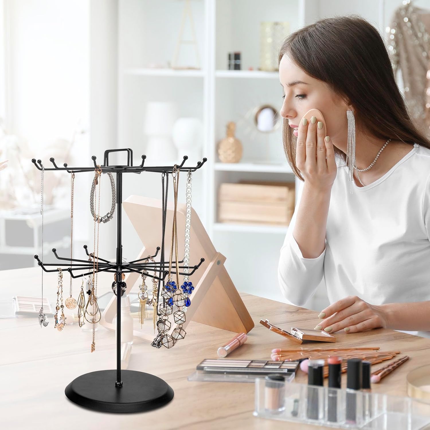 MyGift 2 Tier Black Metal Rotating Necklace tree stand for vendor & bracelet holder Jewelry Stand with 24 Hooks, Multipurpose Accessory and Keychain Spinning Display - 3