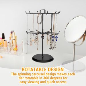 MyGift 2 Tier Black Metal Rotating Necklace tree stand for vendor & bracelet holder Jewelry Stand with 24 Hooks, Multipurpose Accessory and Keychain Spinning Display - 4