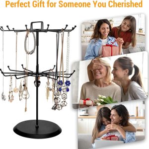 MyGift 2 Tier Black Metal Rotating Necklace tree stand for vendor & bracelet holder Jewelry Stand with 24 Hooks, Multipurpose Accessory and Keychain Spinning Display - 5