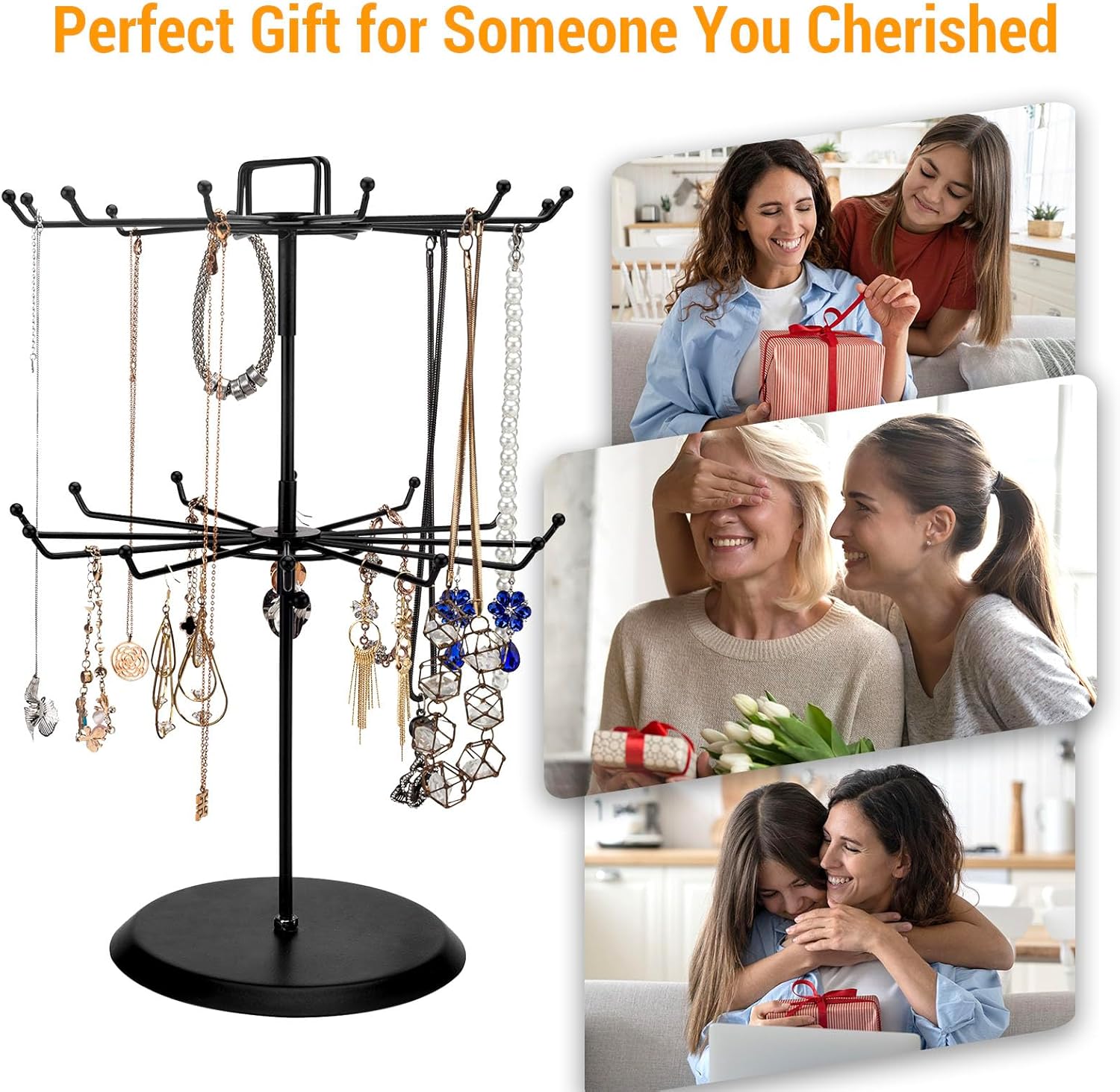 MyGift 2 Tier Black Metal Rotating Necklace tree stand for vendor & bracelet holder Jewelry Stand with 24 Hooks, Multipurpose Accessory and Keychain Spinning Display - 5