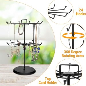 MyGift 2 Tier Black Metal Rotating Necklace tree stand for vendor & bracelet holder Jewelry Stand with 24 Hooks, Multipurpose Accessory and Keychain Spinning Display - 6