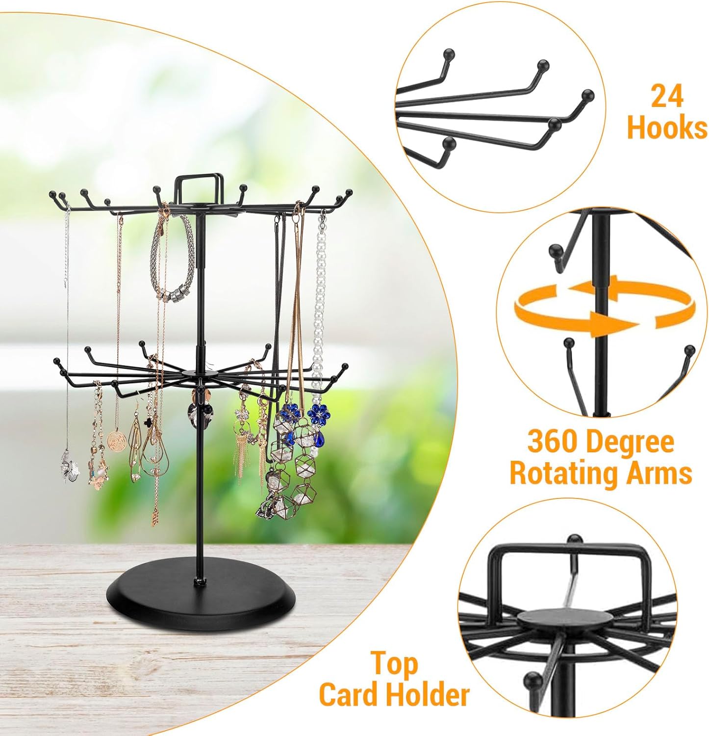MyGift 2 Tier Black Metal Rotating Necklace tree stand for vendor & bracelet holder Jewelry Stand with 24 Hooks, Multipurpose Accessory and Keychain Spinning Display - 6