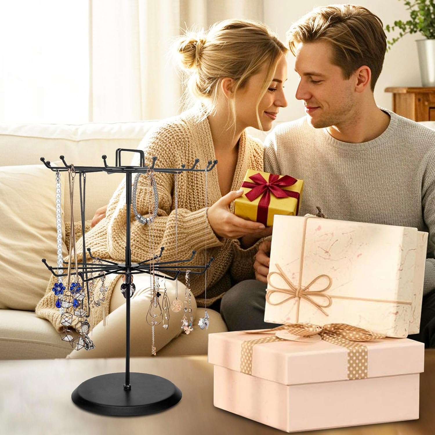 MyGift 2 Tier Black Metal Rotating Necklace tree stand for vendor & bracelet holder Jewelry Stand with 24 Hooks, Multipurpose Accessory and Keychain Spinning Display - 7