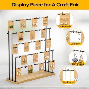 ORLESS Jewelry Display for Vendors, Earring Display Stand for Selling, Necklace Display Holder for Selling, Earring Cards Organizer for Bracelets, Rings, Jewelry Towers, Original Wood (35 Hooks) - 2