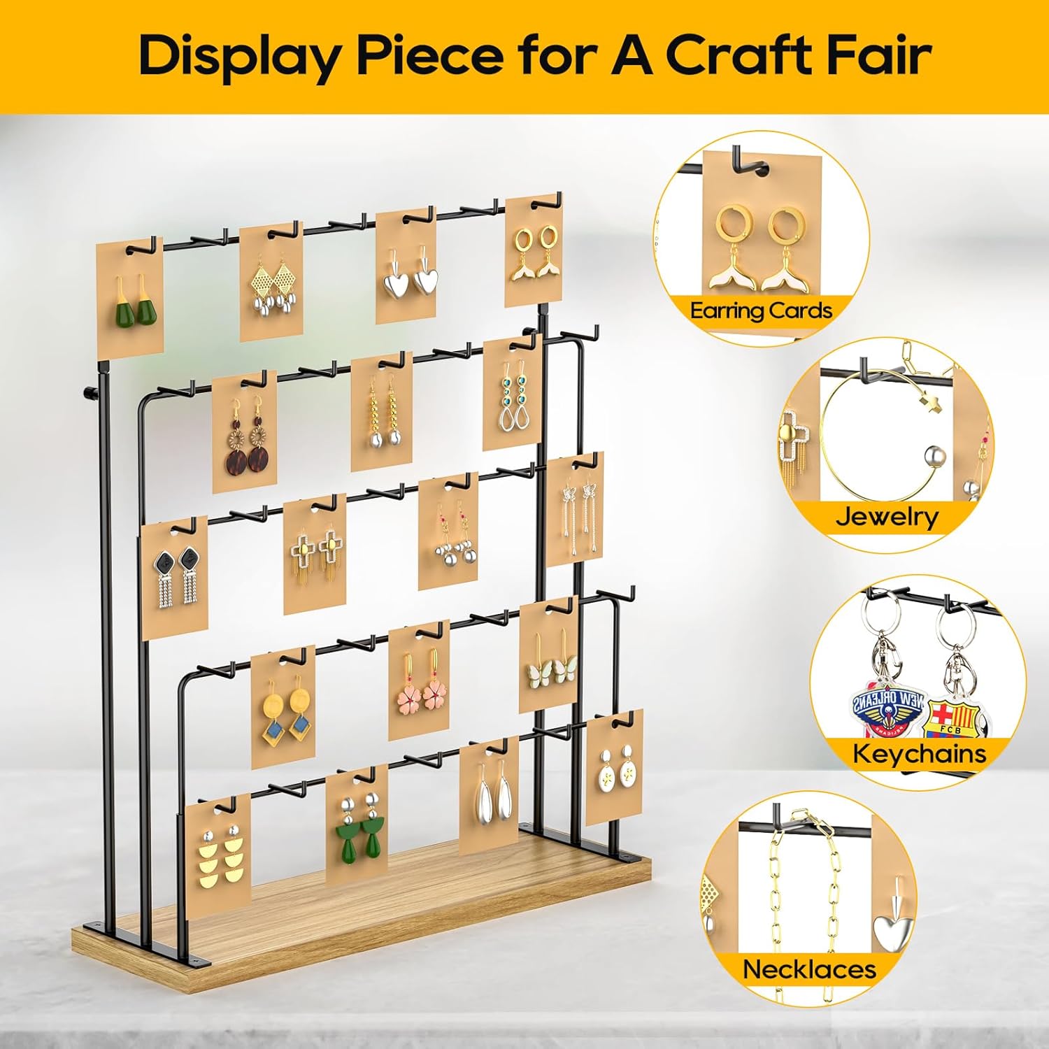 ORLESS Jewelry Display for Vendors, Earring Display Stand for Selling, Necklace Display Holder for Selling, Earring Cards Organizer for Bracelets, Rings, Jewelry Towers, Original Wood (35 Hooks) - 2