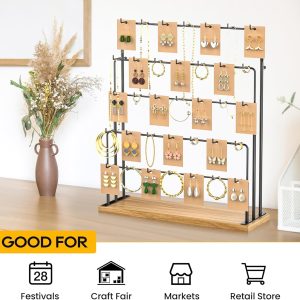 ORLESS Jewelry Display for Vendors, Earring Display Stand for Selling, Necklace Display Holder for Selling, Earring Cards Organizer for Bracelets, Rings, Jewelry Towers, Original Wood (35 Hooks) - 5