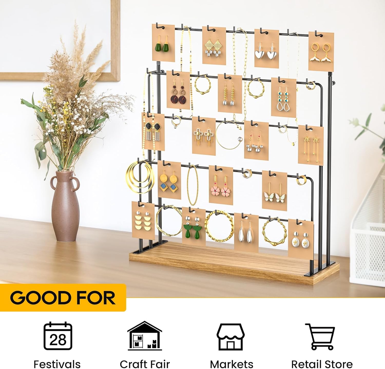 ORLESS Jewelry Display for Vendors, Earring Display Stand for Selling, Necklace Display Holder for Selling, Earring Cards Organizer for Bracelets, Rings, Jewelry Towers, Original Wood (35 Hooks) - 5
