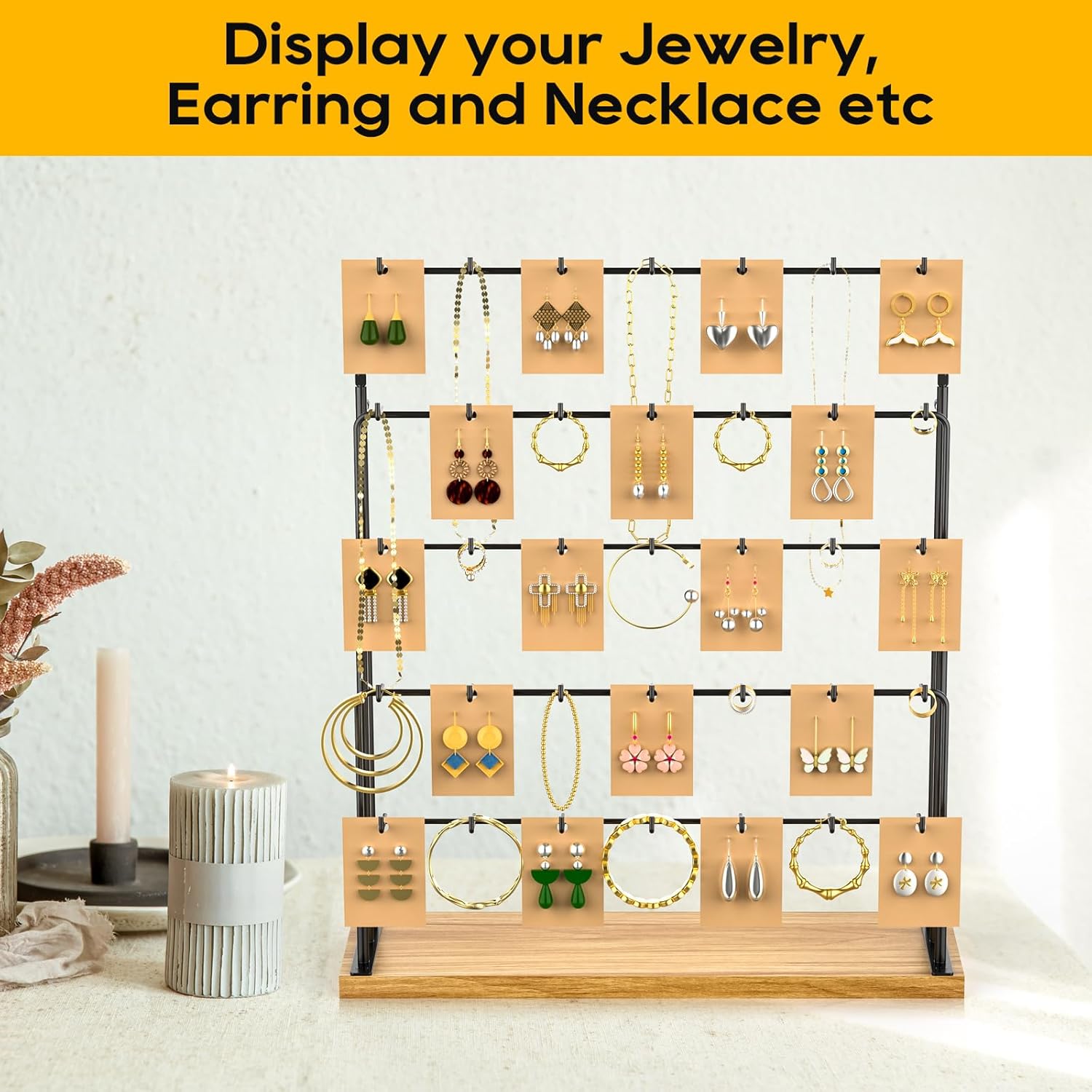 ORLESS Jewelry Display for Vendors, Earring Display Stand for Selling, Necklace Display Holder for Selling, Earring Cards Organizer for Bracelets, Rings, Jewelry Towers, Original Wood (35 Hooks) - 6