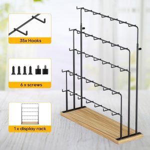 ORLESS Jewelry Display for Vendors, Earring Display Stand for Selling, Necklace Display Holder for Selling, Earring Cards Organizer for Bracelets, Rings, Jewelry Towers, Original Wood (35 Hooks) - 7