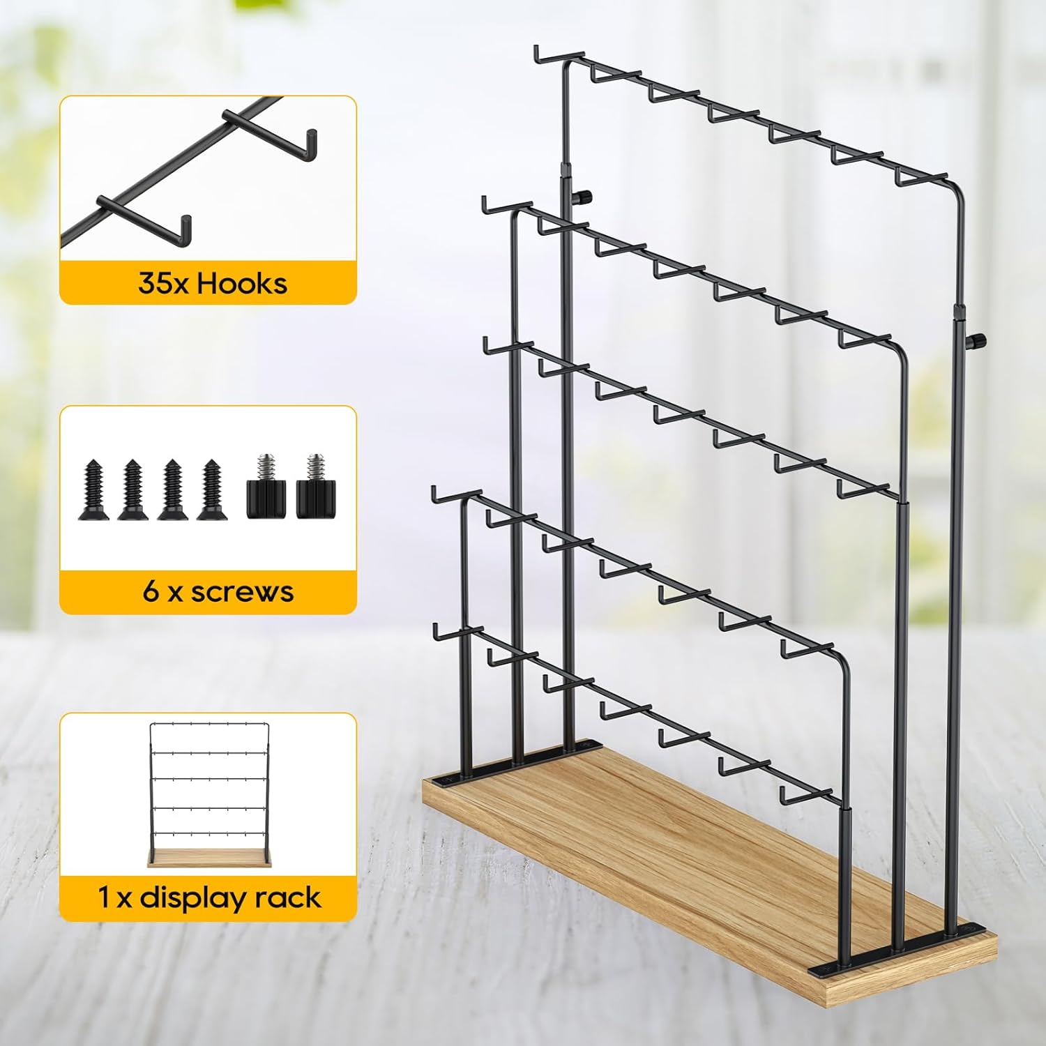 ORLESS Jewelry Display for Vendors, Earring Display Stand for Selling, Necklace Display Holder for Selling, Earring Cards Organizer for Bracelets, Rings, Jewelry Towers, Original Wood (35 Hooks) - 7
