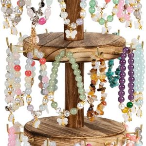 Pinzoveco Bracelet Holder, 3 Tier Wooden Rotating Bracelet Display Stand, Tree Stand Vendor Booth Display with Adversitsing Board, 36 Hooks for Bracelet, KeyChain Display Stands for Selling, Brown - 1