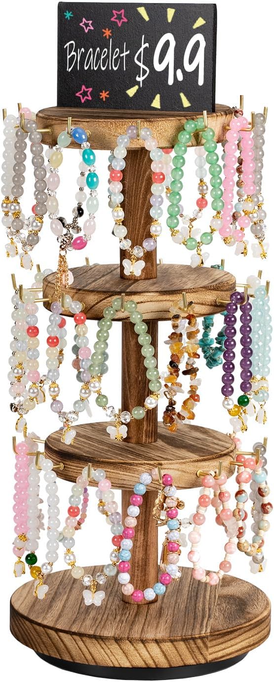 Pinzoveco Bracelet Holder, 3 Tier Wooden Rotating Bracelet Display Stand, Tree Stand Vendor Booth Display with Adversitsing Board, 36 Hooks for Bracelet, KeyChain Display Stands for Selling, Brown - 1