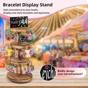 Pinzoveco Bracelet Holder, 3 Tier Wooden Rotating Bracelet Display Stand, Tree Stand Vendor Booth Display with Adversitsing Board, 36 Hooks for Bracelet, KeyChain Display Stands for Selling, Brown - 2