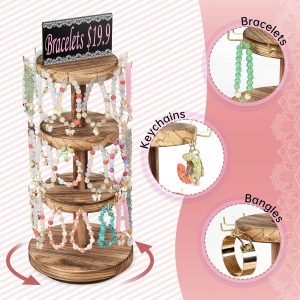 Pinzoveco Bracelet Holder, 3 Tier Wooden Rotating Bracelet Display Stand, Tree Stand Vendor Booth Display with Adversitsing Board, 36 Hooks for Bracelet, KeyChain Display Stands for Selling, Brown - 3