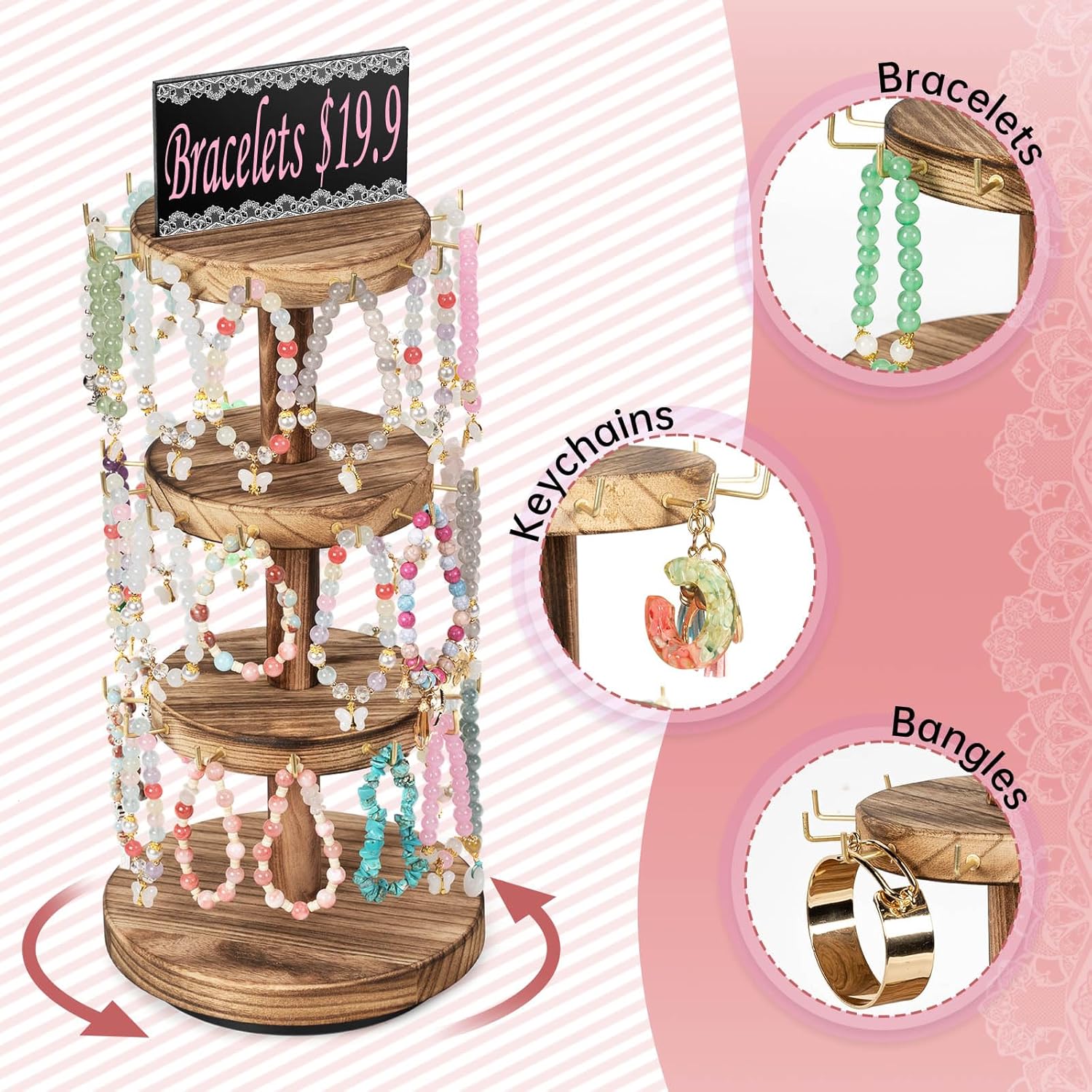 Pinzoveco Bracelet Holder, 3 Tier Wooden Rotating Bracelet Display Stand, Tree Stand Vendor Booth Display with Adversitsing Board, 36 Hooks for Bracelet, KeyChain Display Stands for Selling, Brown - 3