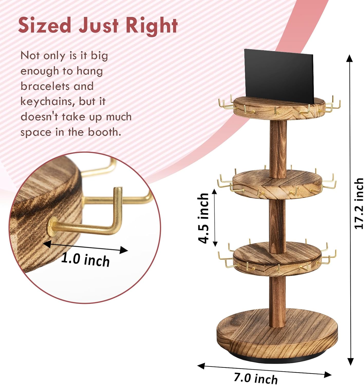 Pinzoveco Bracelet Holder, 3 Tier Wooden Rotating Bracelet Display Stand, Tree Stand Vendor Booth Display with Adversitsing Board, 36 Hooks for Bracelet, KeyChain Display Stands for Selling, Brown - 4