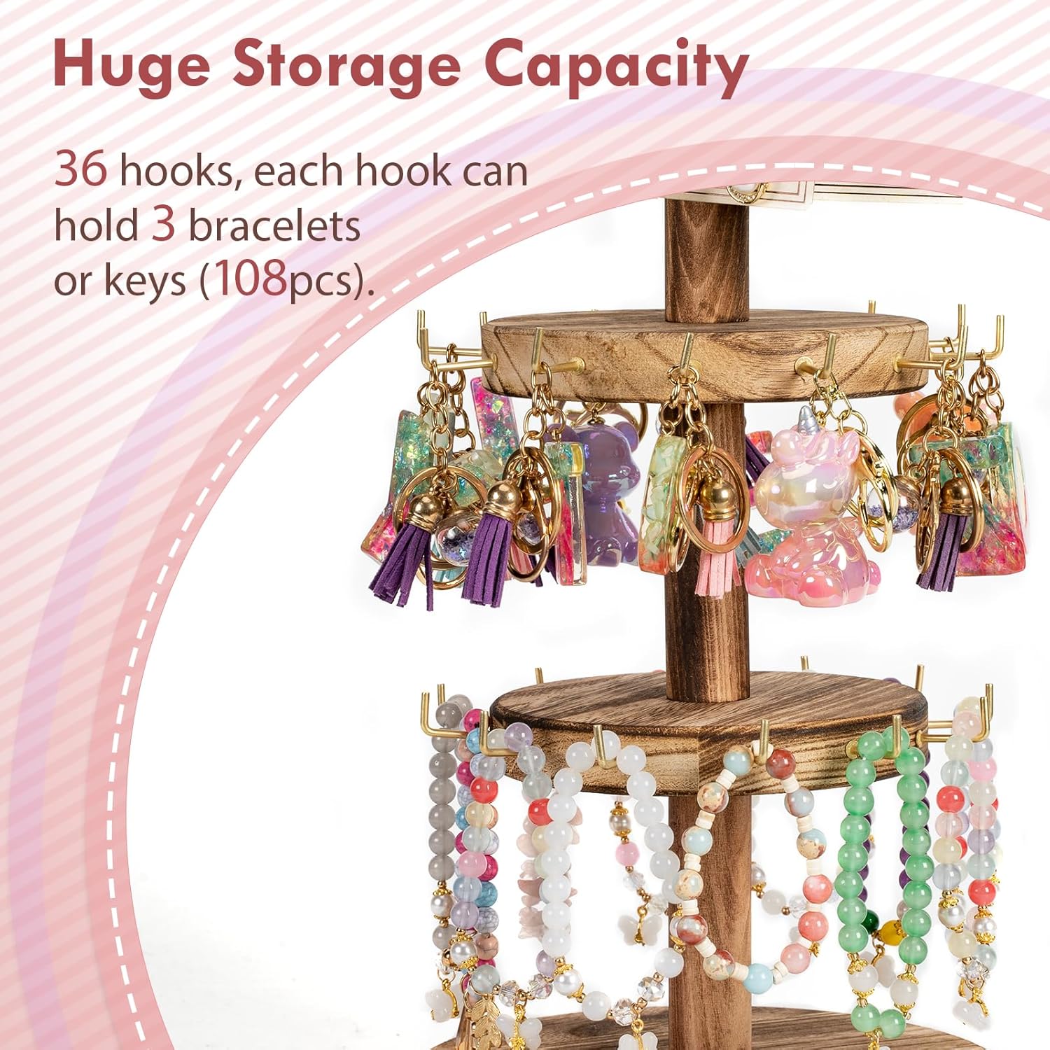 Pinzoveco Bracelet Holder, 3 Tier Wooden Rotating Bracelet Display Stand, Tree Stand Vendor Booth Display with Adversitsing Board, 36 Hooks for Bracelet, KeyChain Display Stands for Selling, Brown - 5