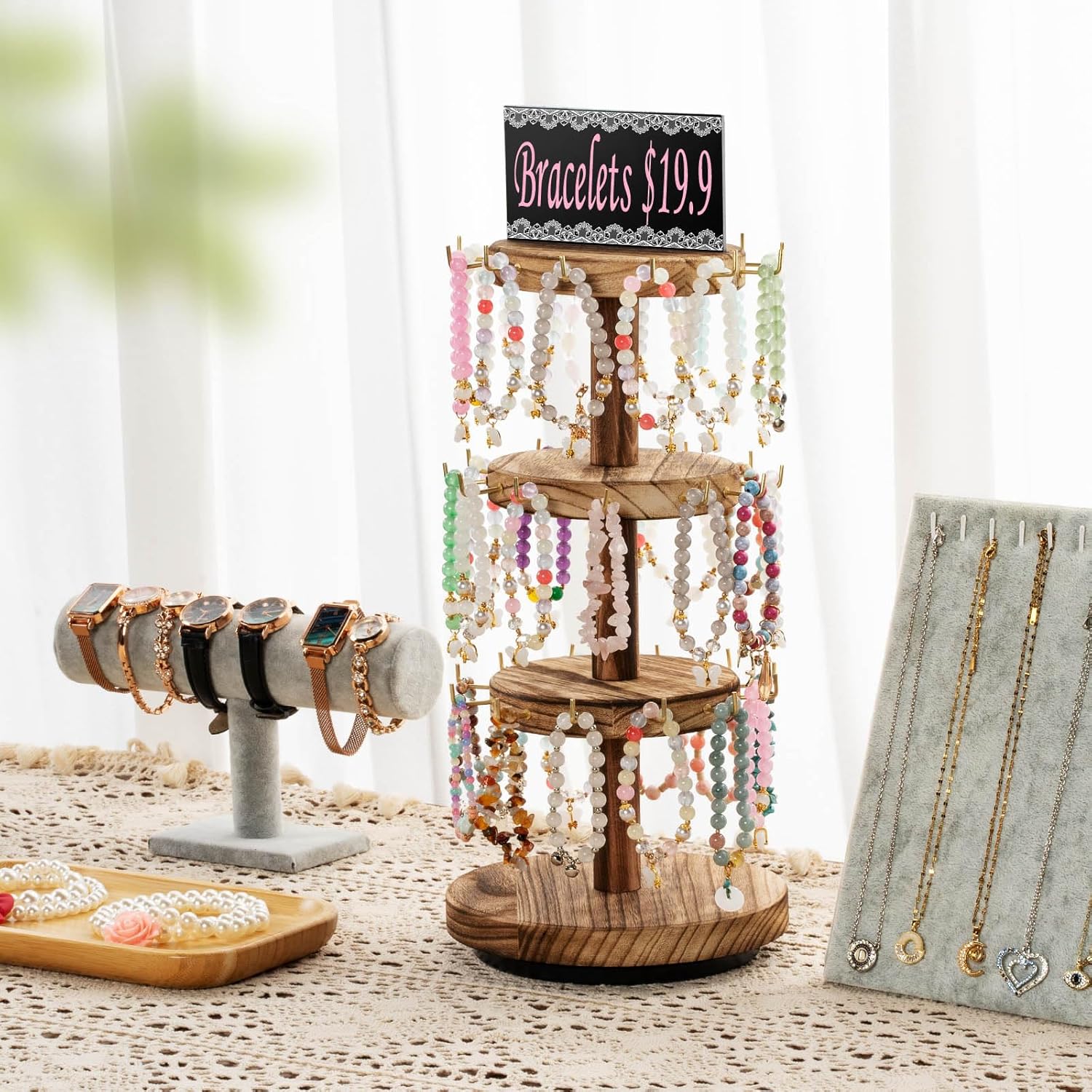 Pinzoveco Bracelet Holder, 3 Tier Wooden Rotating Bracelet Display Stand, Tree Stand Vendor Booth Display with Adversitsing Board, 36 Hooks for Bracelet, KeyChain Display Stands for Selling, Brown - 6