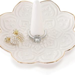 Ceramic White Mandala Jewelry Holder Decorative Ring Holder-Trinket Tray Engagement Wedding Birthday Gifts for Women Her - 1