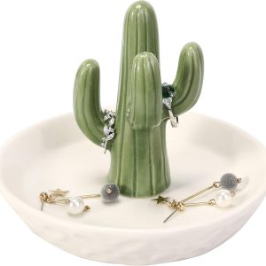 HOME SMILE Ceramic Cactus Ring Holder with Derorative White Dish for Jewelry,Christmas Birthday Gifts for Women - 1