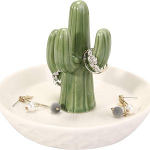 HOME SMILE Ceramic Cactus Ring Holder with Derorative White Dish for Jewelry,Christmas Birthday Gifts for Women - 2