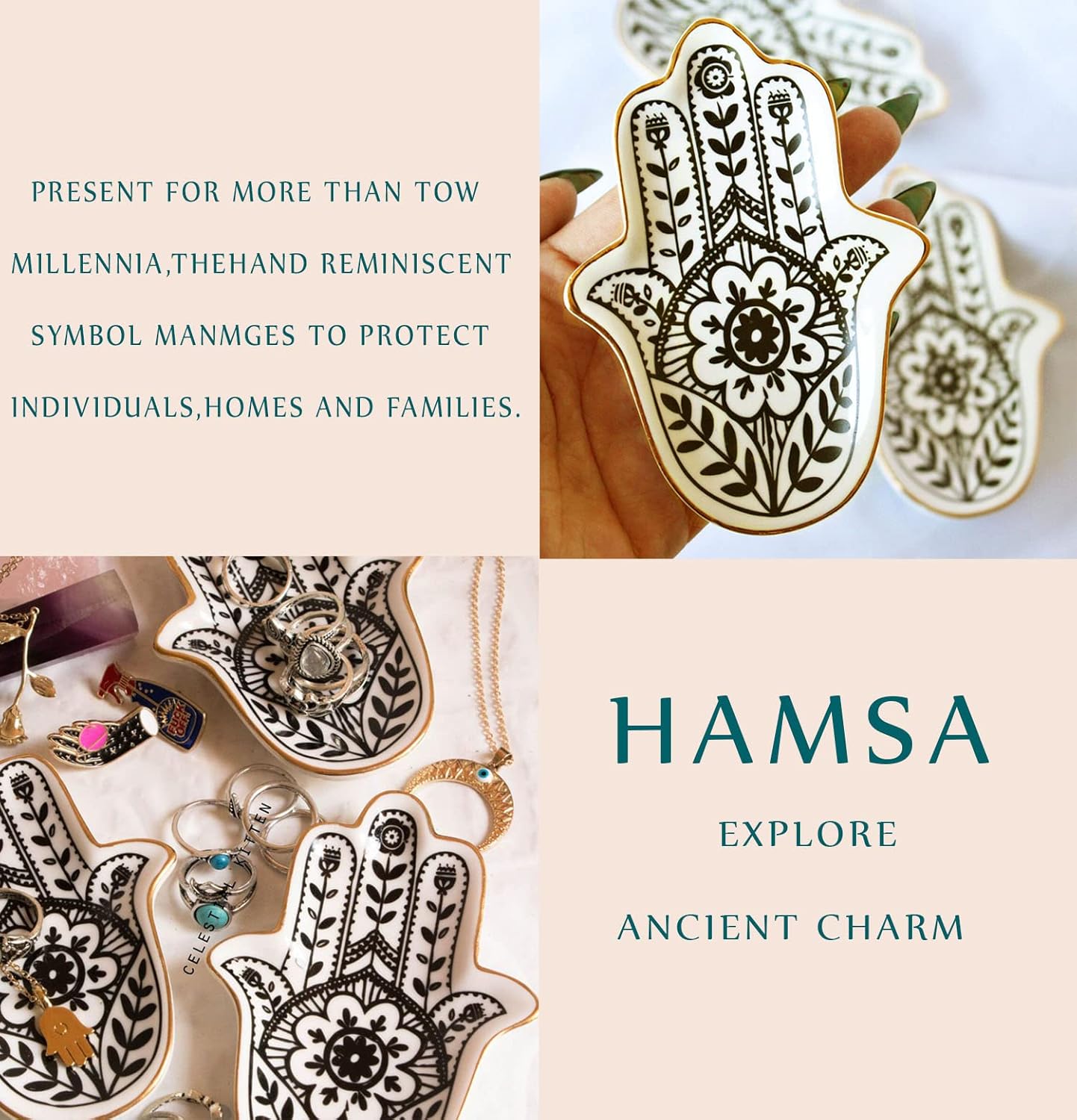Jewelry Trinket Ring Dish Ceramic Hamsa Evil Eye Hand of Fatima Holder Key Ashtary Trinket Plate Bowl Small Boho Home Decorative Cute Decor Jewelry Tray Dish Gift Mom Brithday - 8