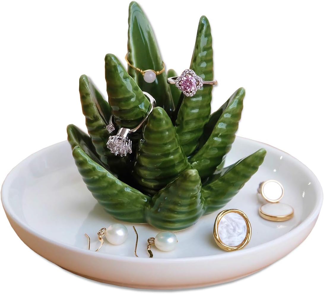 PUDDING CABIN Aloe Ring Holder,Cactus Ring Dish,Jewelry Holder Trinket Tray for Rings Earrings Necklace Organizer,Bridesmaid Christmas Birthday Gift for Women Girls - 1