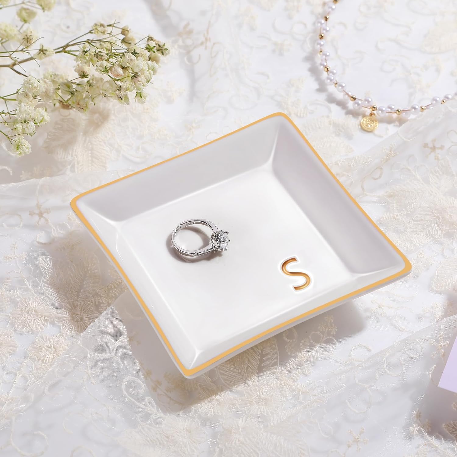 PUDDING CABIN Initial Ring Holder Jewelry Tray, Personalized S-Monogrammed Engagement Wedding Gifts for Bridesmaid, Bride, Birthday Christmas Gifts for Women, Mom, Friends, Sisters, Ceramic White - 3