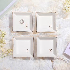 PUDDING CABIN Initial Ring Holder Jewelry Tray, Personalized S-Monogrammed Engagement Wedding Gifts for Bridesmaid, Bride, Birthday Christmas Gifts for Women, Mom, Friends, Sisters, Ceramic White - 5