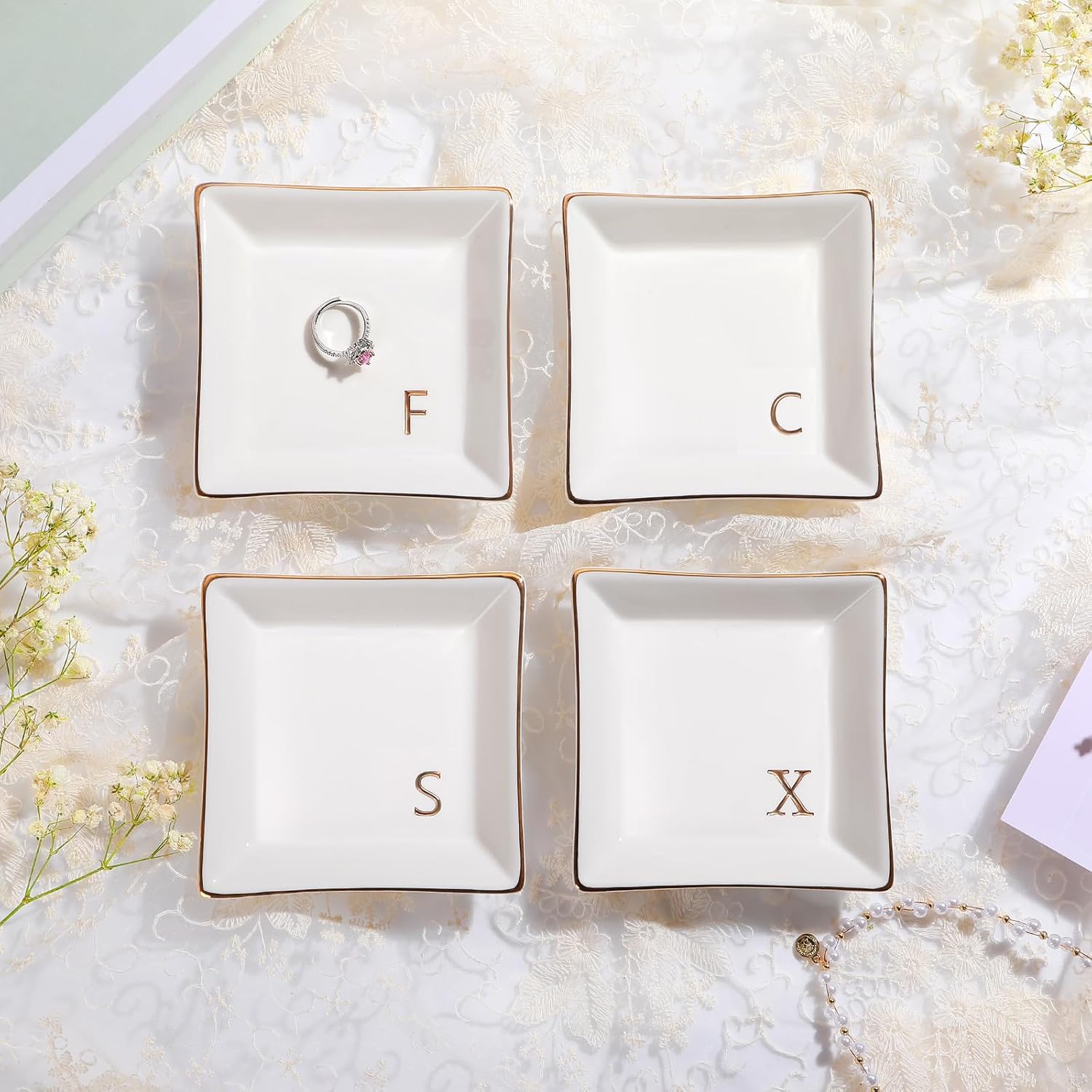 PUDDING CABIN Initial Ring Holder Jewelry Tray, Personalized S-Monogrammed Engagement Wedding Gifts for Bridesmaid, Bride, Birthday Christmas Gifts for Women, Mom, Friends, Sisters, Ceramic White - 5