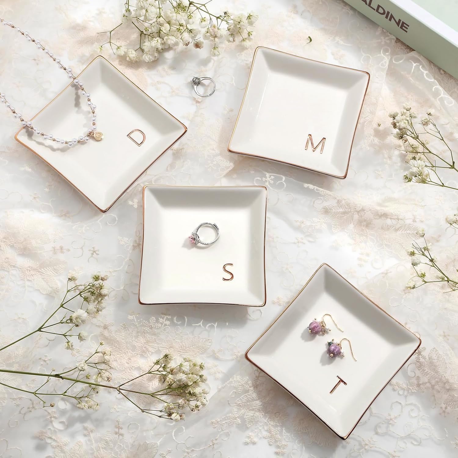 PUDDING CABIN Initial Ring Holder Jewelry Tray, Personalized S-Monogrammed Engagement Wedding Gifts for Bridesmaid, Bride, Birthday Christmas Gifts for Women, Mom, Friends, Sisters, Ceramic White - 6