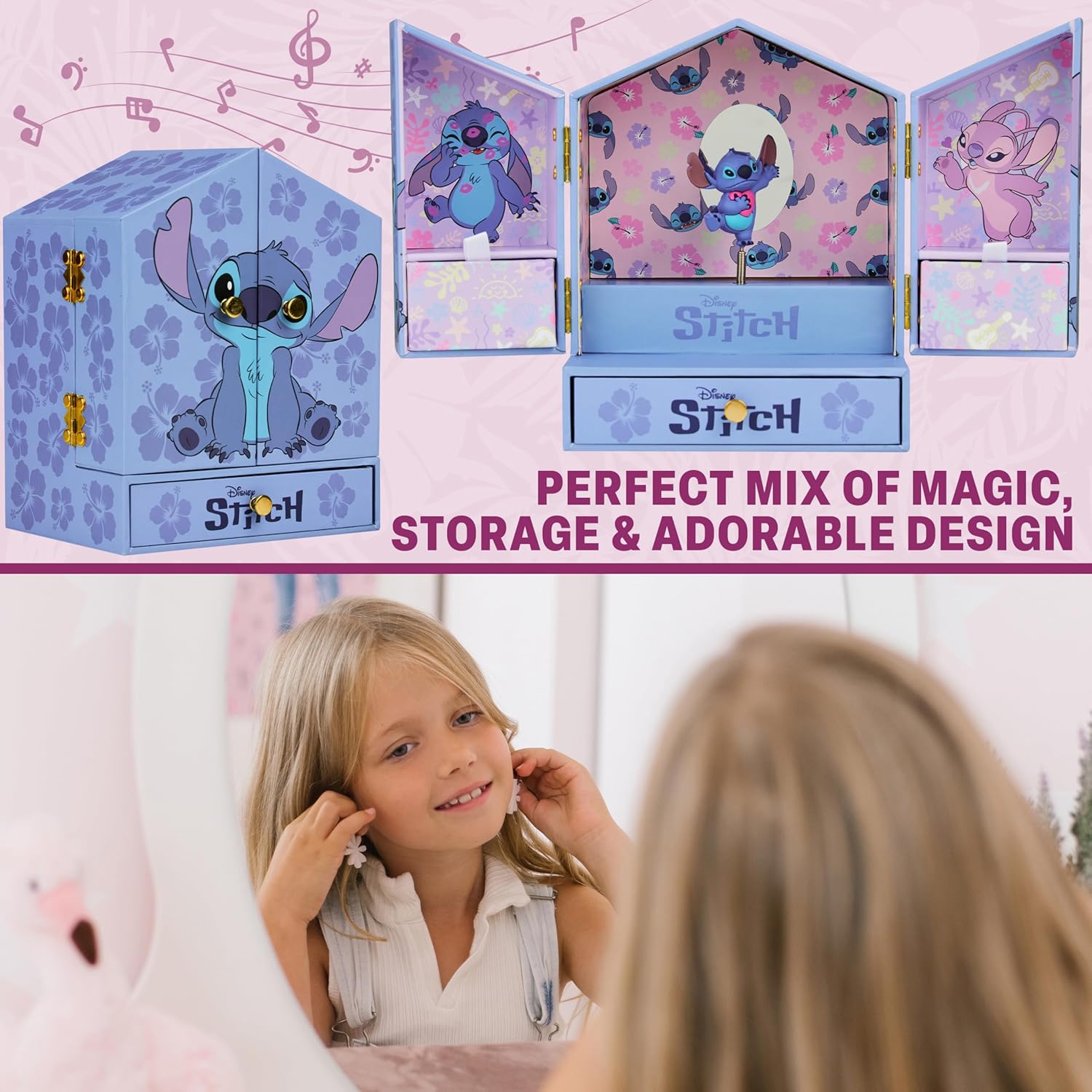 Get Trend Disney Stitch Musical Jewelry Box for Girls with Mirror, Drawers, and Wind Up Music, Jewelry Organizer for Rings, Charms, Gifts for Girls (Blue Stitch) - 2