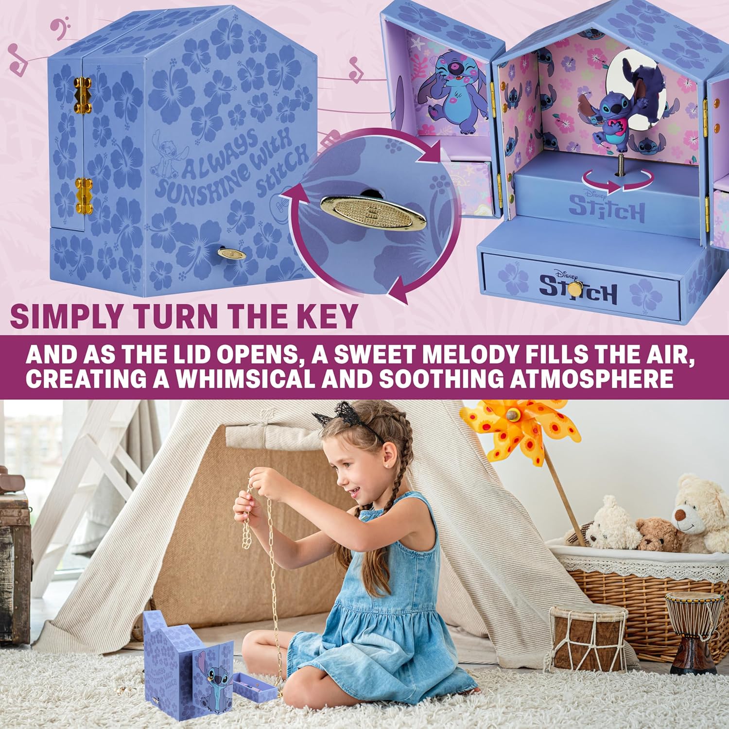 Get Trend Disney Stitch Musical Jewelry Box for Girls with Mirror, Drawers, and Wind Up Music, Jewelry Organizer for Rings, Charms, Gifts for Girls (Blue Stitch) - 3