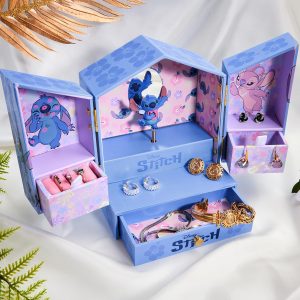 Get Trend Disney Stitch Musical Jewelry Box for Girls with Mirror, Drawers, and Wind Up Music, Jewelry Organizer for Rings, Charms, Gifts for Girls (Blue Stitch) - 4