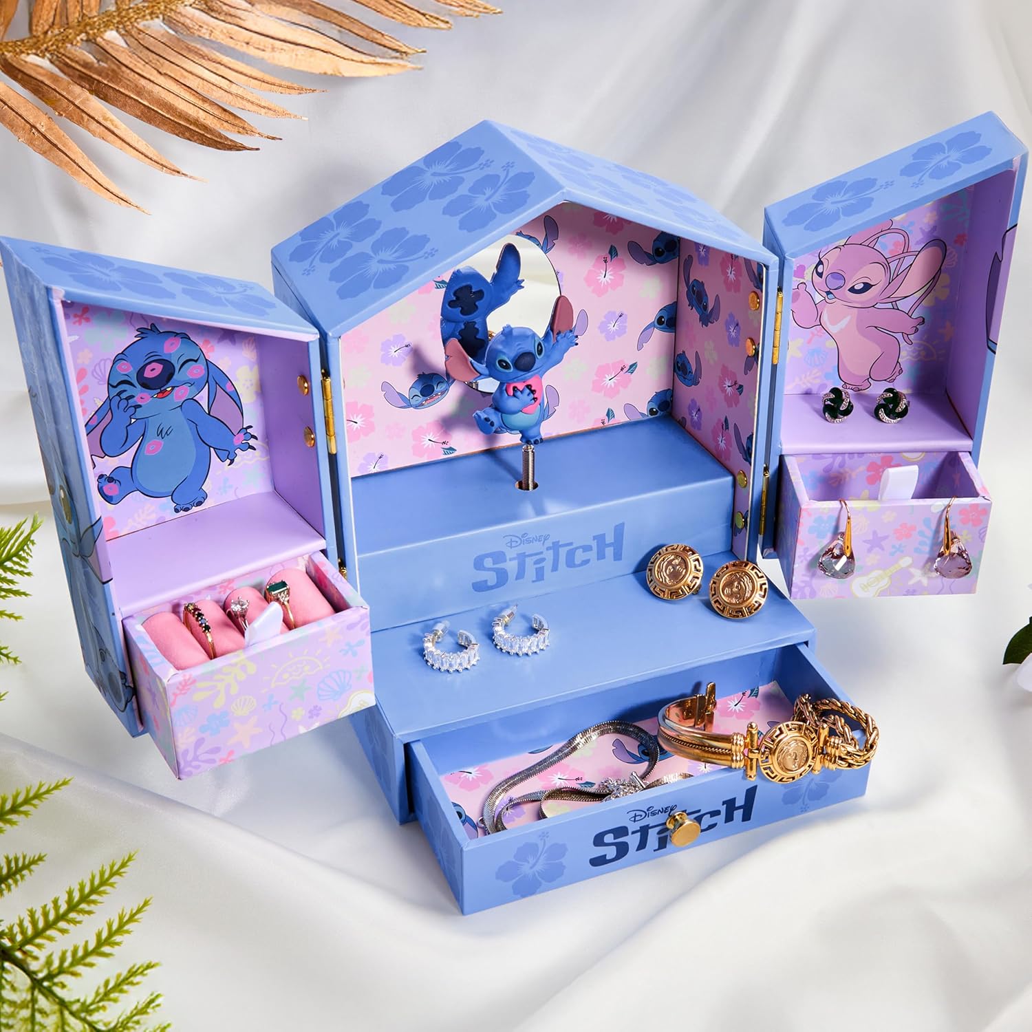 Get Trend Disney Stitch Musical Jewelry Box for Girls with Mirror, Drawers, and Wind Up Music, Jewelry Organizer for Rings, Charms, Gifts for Girls (Blue Stitch) - 4