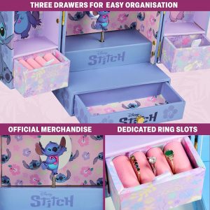 Get Trend Disney Stitch Musical Jewelry Box for Girls with Mirror, Drawers, and Wind Up Music, Jewelry Organizer for Rings, Charms, Gifts for Girls (Blue Stitch) - 5