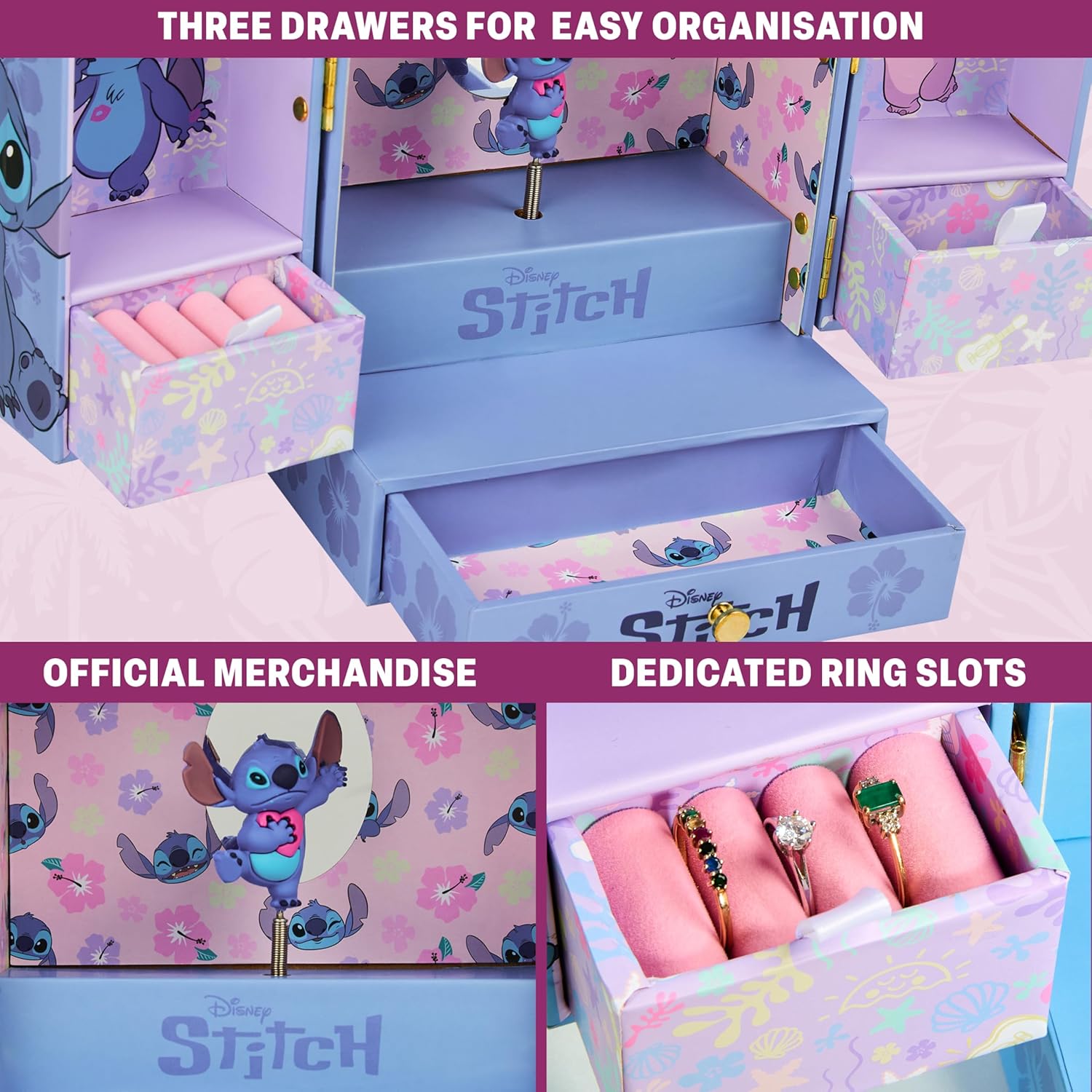 Get Trend Disney Stitch Musical Jewelry Box for Girls with Mirror, Drawers, and Wind Up Music, Jewelry Organizer for Rings, Charms, Gifts for Girls (Blue Stitch) - 5