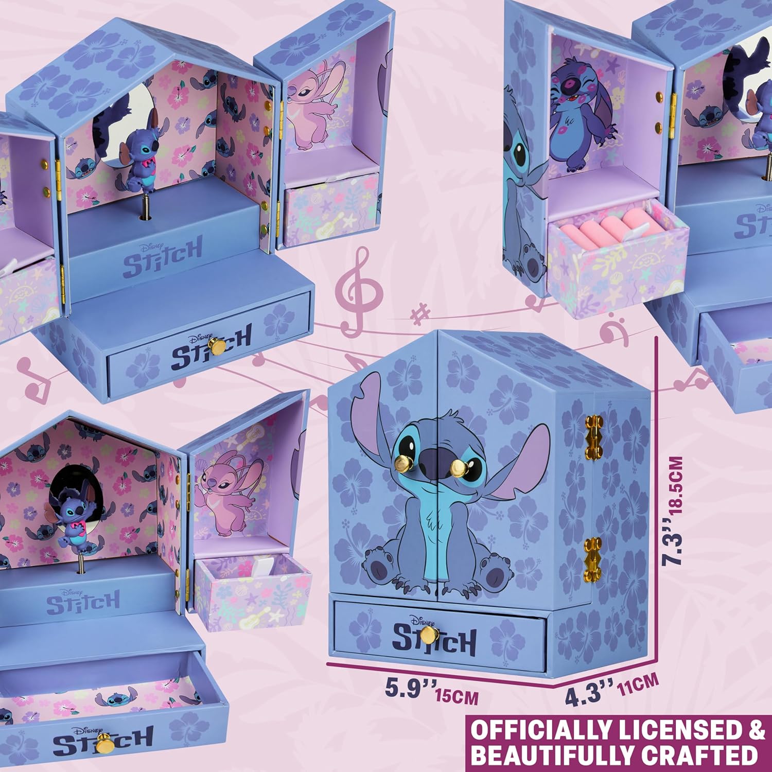 Get Trend Disney Stitch Musical Jewelry Box for Girls with Mirror, Drawers, and Wind Up Music, Jewelry Organizer for Rings, Charms, Gifts for Girls (Blue Stitch) - 6