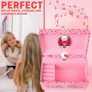 Hello Kitty Sanrio Musical Jewelry Box for Girls Teens Women Kawaii Wind Up Music Box Jewelry Organizer Ring Holder Gifts for Women (Pink - 2