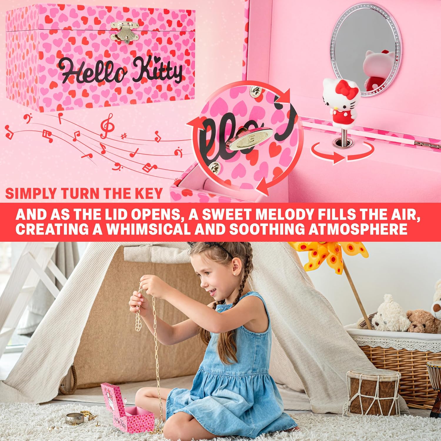 Hello Kitty Sanrio Musical Jewelry Box for Girls Teens Women Kawaii Wind Up Music Box Jewelry Organizer Ring Holder Gifts for Women (Pink - 3