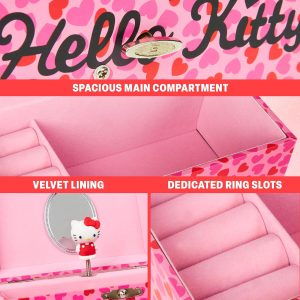Hello Kitty Sanrio Musical Jewelry Box for Girls Teens Women Kawaii Wind Up Music Box Jewelry Organizer Ring Holder Gifts for Women (Pink - 4