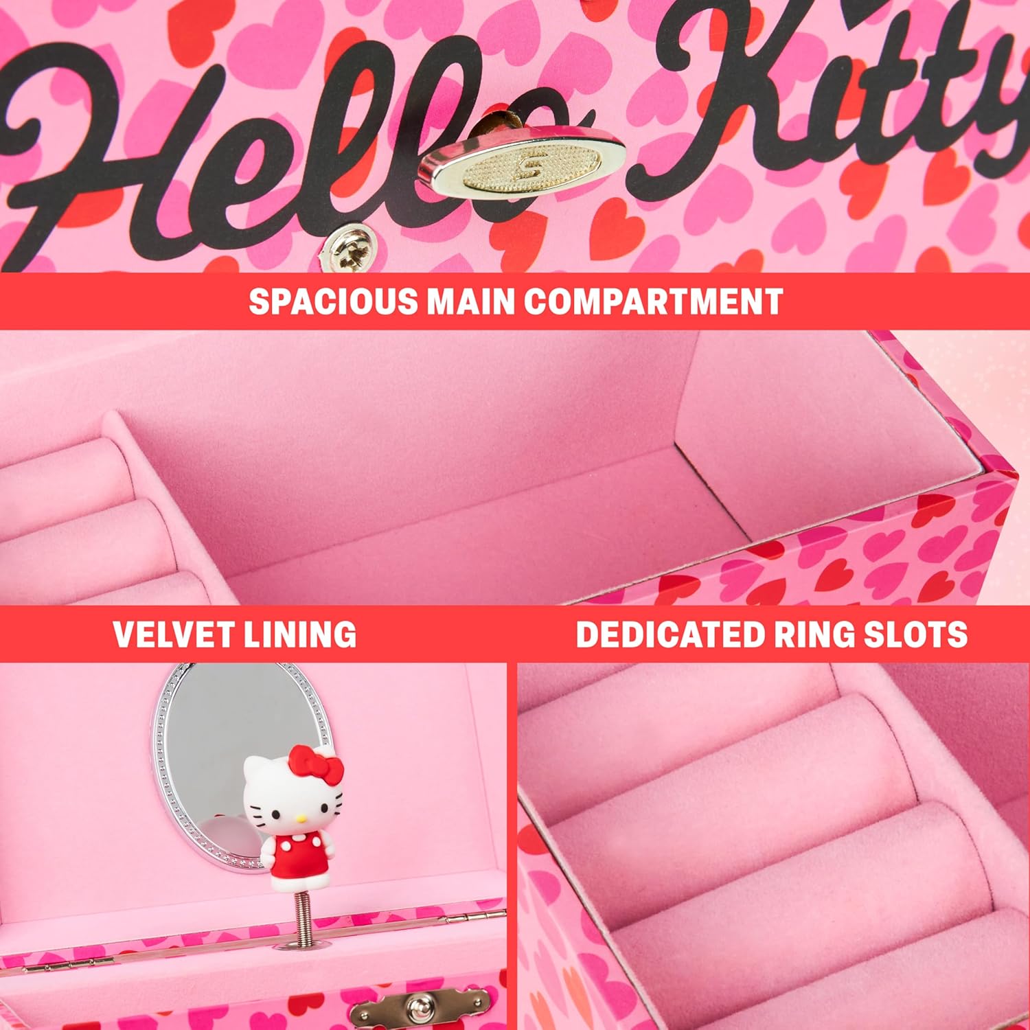 Hello Kitty Sanrio Musical Jewelry Box for Girls Teens Women Kawaii Wind Up Music Box Jewelry Organizer Ring Holder Gifts for Women (Pink - 4