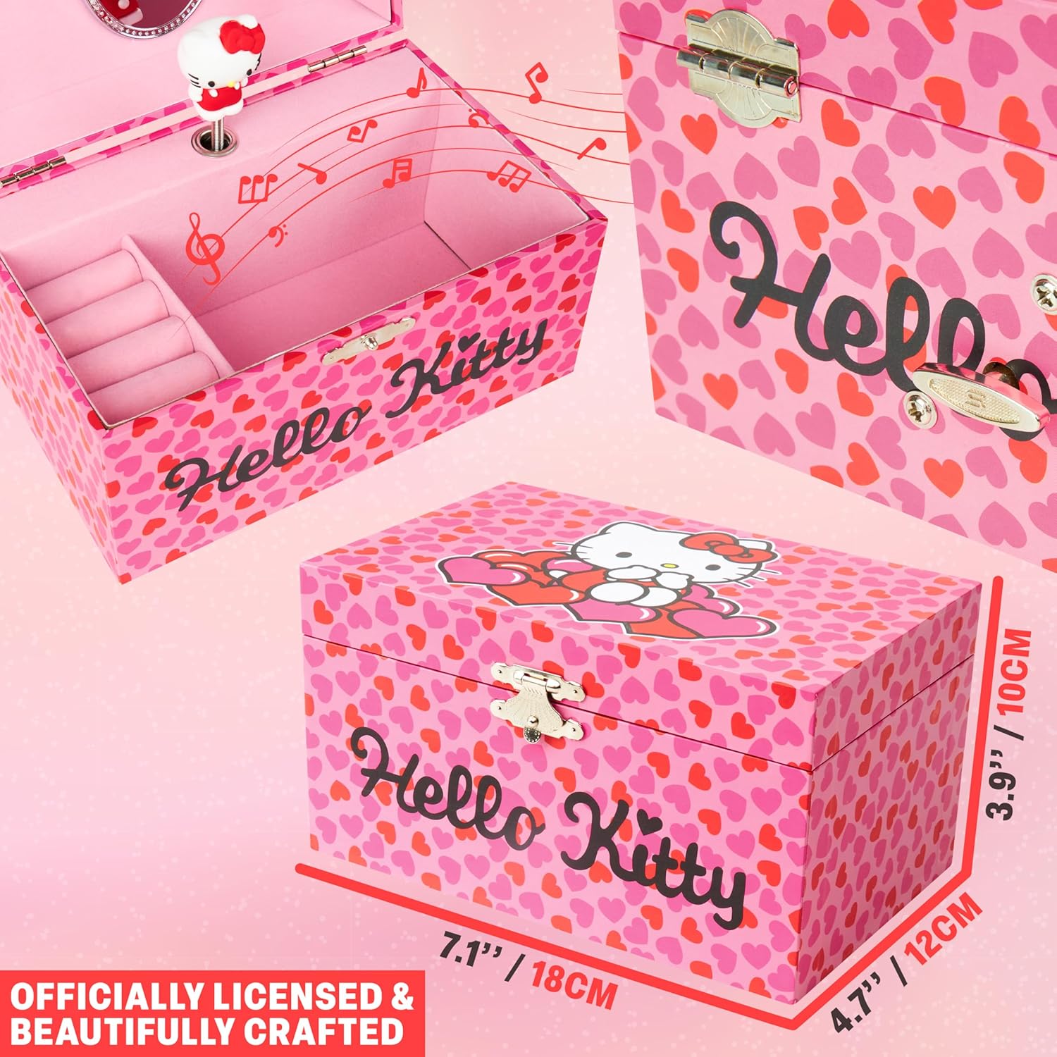 Hello Kitty Sanrio Musical Jewelry Box for Girls Teens Women Kawaii Wind Up Music Box Jewelry Organizer Ring Holder Gifts for Women (Pink - 5